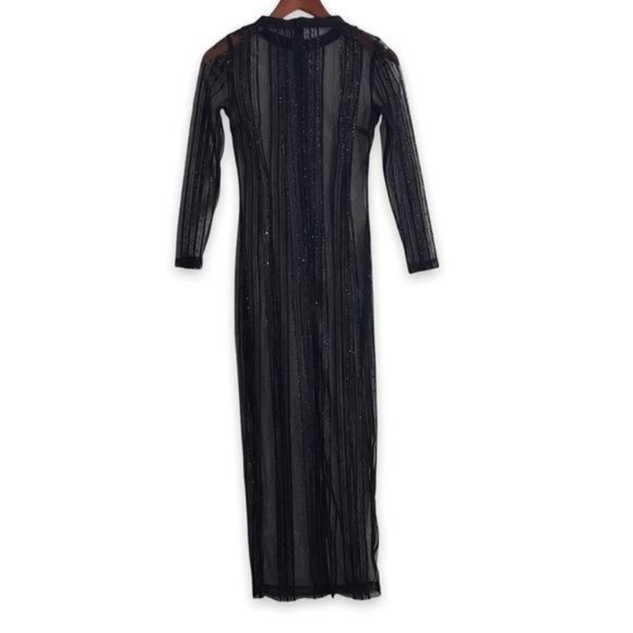 Black Sheer Mesh Sparkle Vertical Striped Maxi Dress | Gown - Picture 2 of 13
